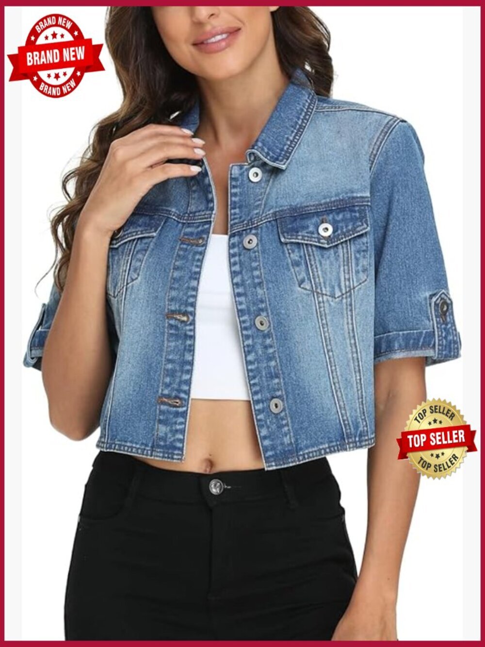 Cropped Denim Jacket Short Sleeve Classic Casual Jean Jacket